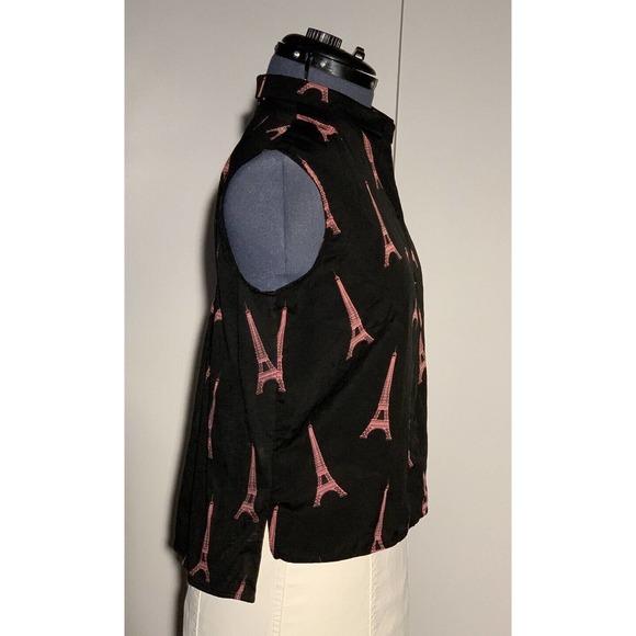 Eiffel Tower Print Paris Pink H&M Black Sleeveless Button Down Blouse Top Small - Picture 4 of 7
